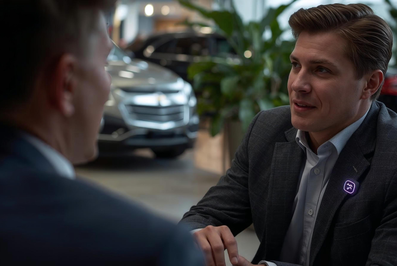 Salesperson with lapel mic on the showroom floor