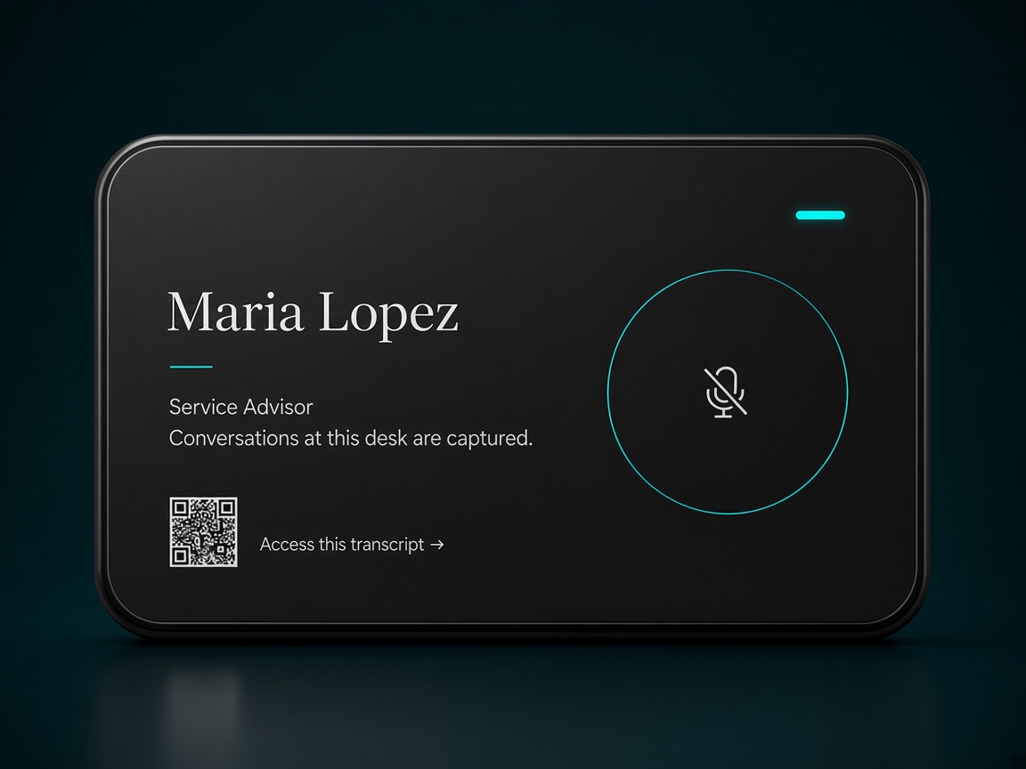 Close-up of the matte graphite Rapport desk device. The screen reads Maria Lopez, Service Advisor, and notes that conversations at this desk are captured.